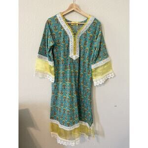 Khaadi Kurta Kaftan Tunic Top Dress Blue And Yellow Cover Up Size 46